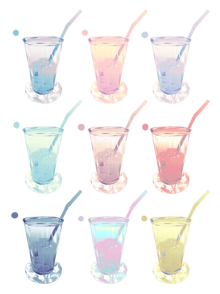 【同人誌・Web用素材】カラバリ9種 グラスとストローのイラスト(背景透過PNG)
