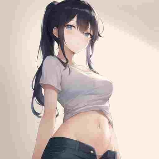 (AI画像)ロングロングポニーテールで巨乳★　Tシャツ(へそ出し？)ジーンズ等