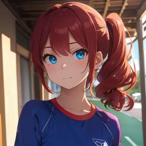赤髪セミロングサイドカール青眼スポーツウェアの娘