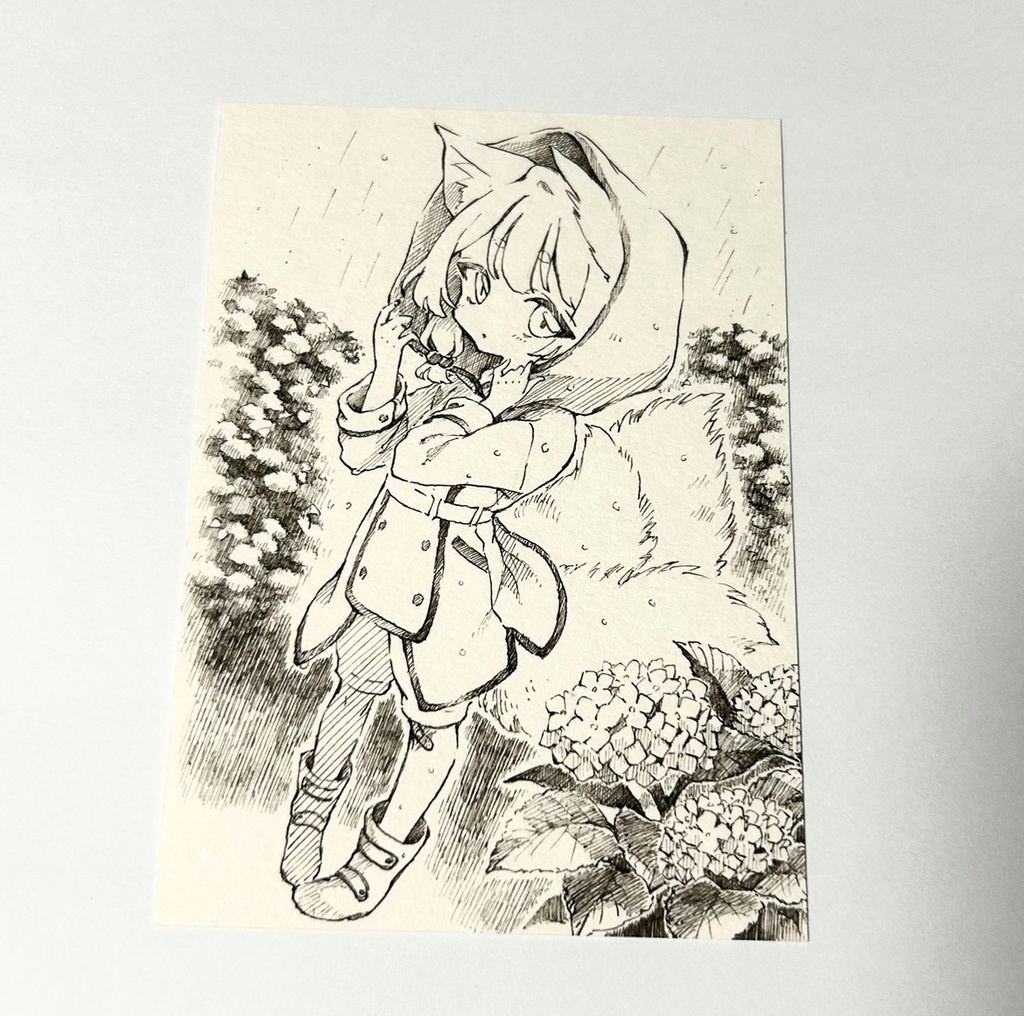 【原画】モノクロ🐱☔️梅雨【A7サイズ】