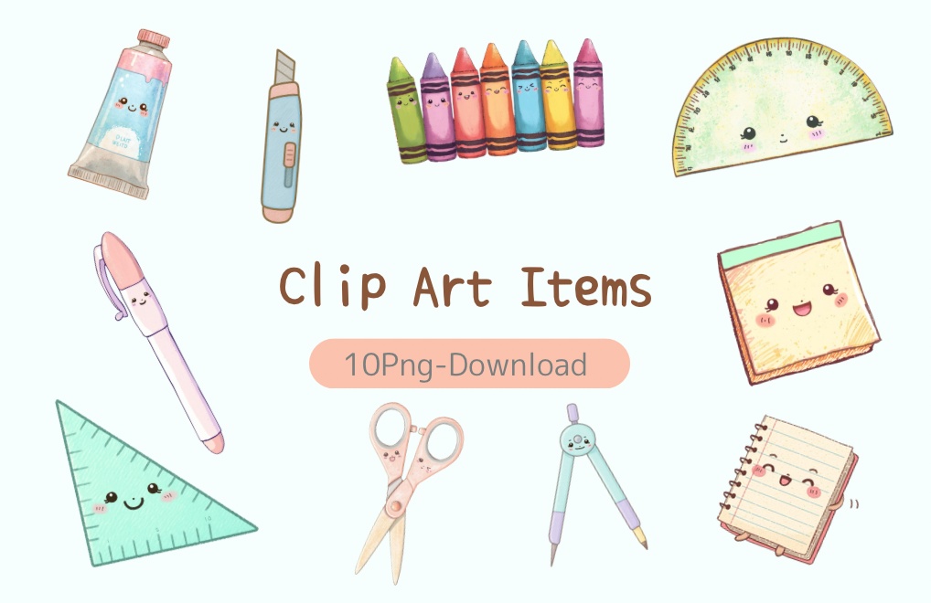 ゆるふわステーショナリーズ 10種類セットPart②|パステル水彩風かわいい文房具キャラクター PNG素材