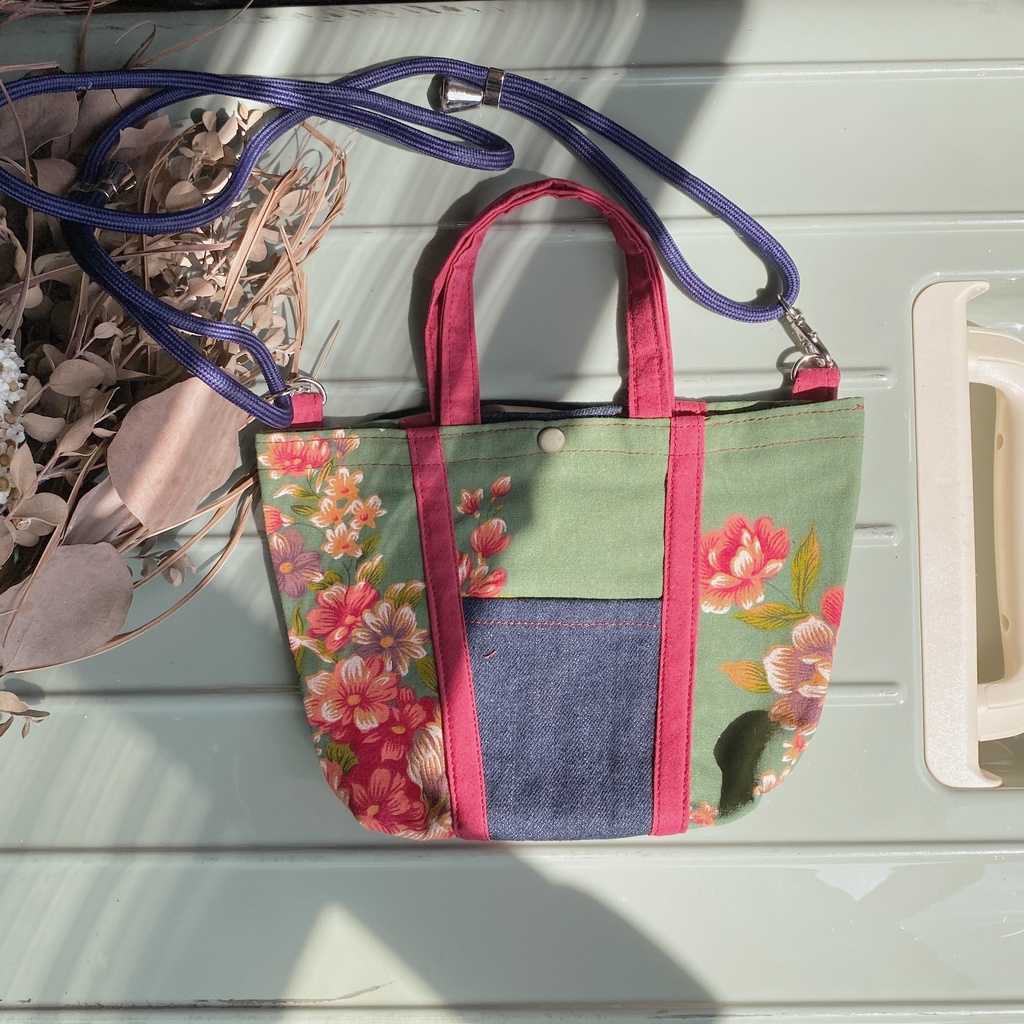 客家花布とデニムのトート風ミニショルダーバッグ