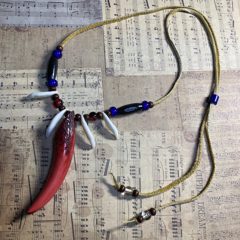 【ハンドメイド】チベットオオカミ牙と鹿角のトライバルネックレス ブレスレットセット