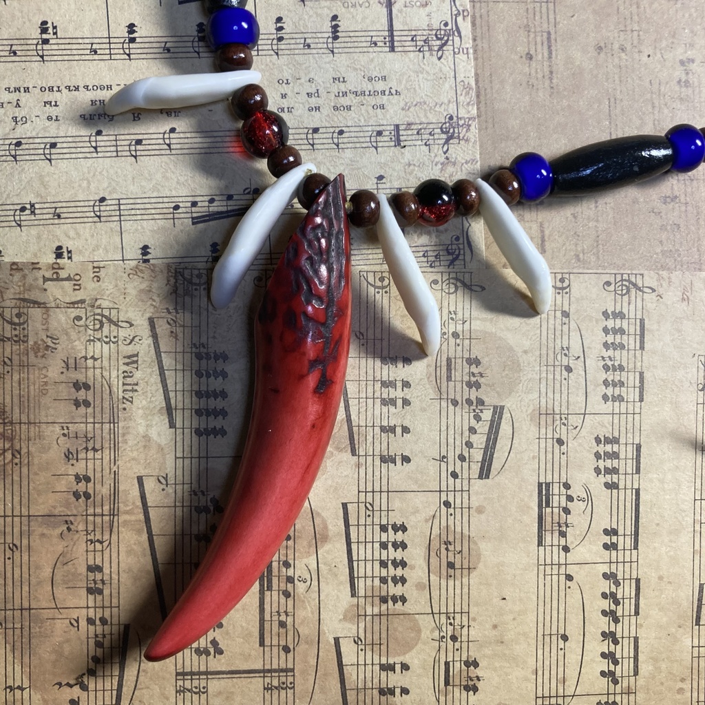 【ハンドメイド】チベットオオカミ牙と鹿角のトライバルネックレス ブレスレットセット