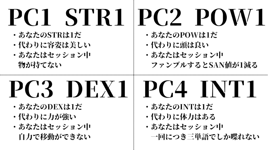 【CoC】あなたのSTR/POW/DEX/INTは1だ【SPLL:E198386】