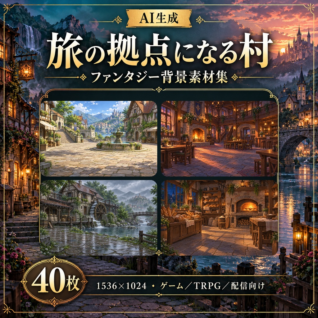 【AI生成】ファンタジー背景素材集 旅の拠点になる村｜40枚（1536×1024）ゲーム・TRPG・配信向け【無料お試しあり】