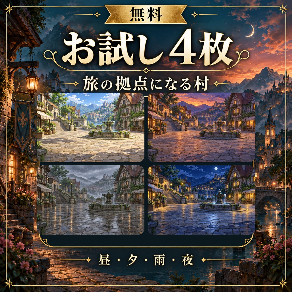 【AI生成】ファンタジー背景素材集 旅の拠点になる村|40枚(1536×1024)ゲーム・TRPG・配信向け【無料お試しあり】