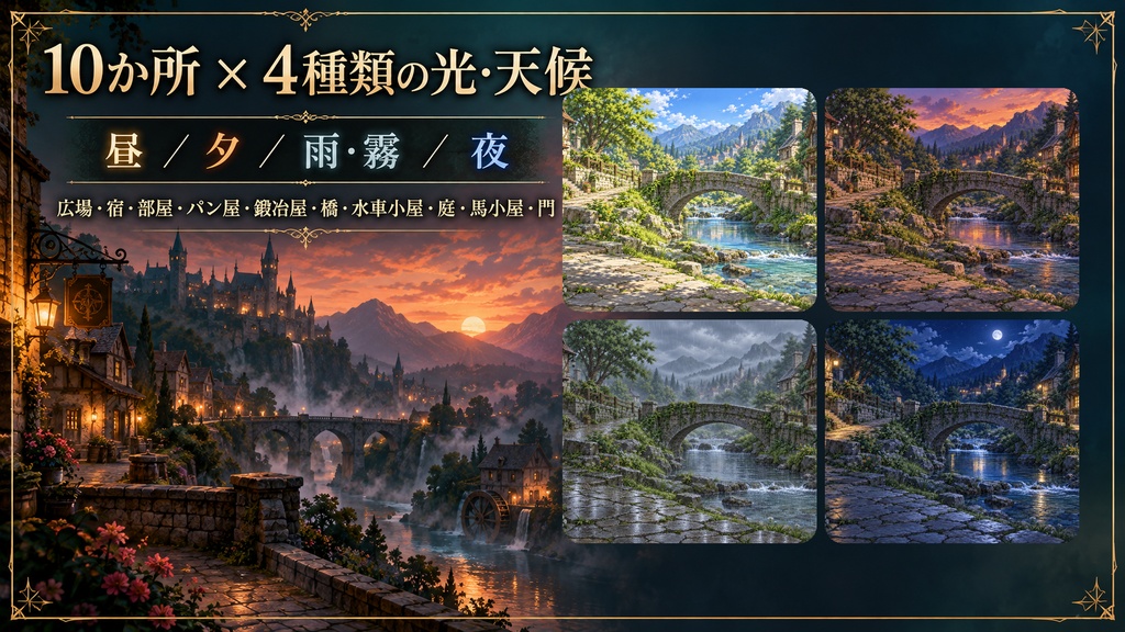 【AI生成】ファンタジー背景素材集 旅の拠点になる村|40枚(1536×1024)ゲーム・TRPG・配信向け【無料お試しあり】