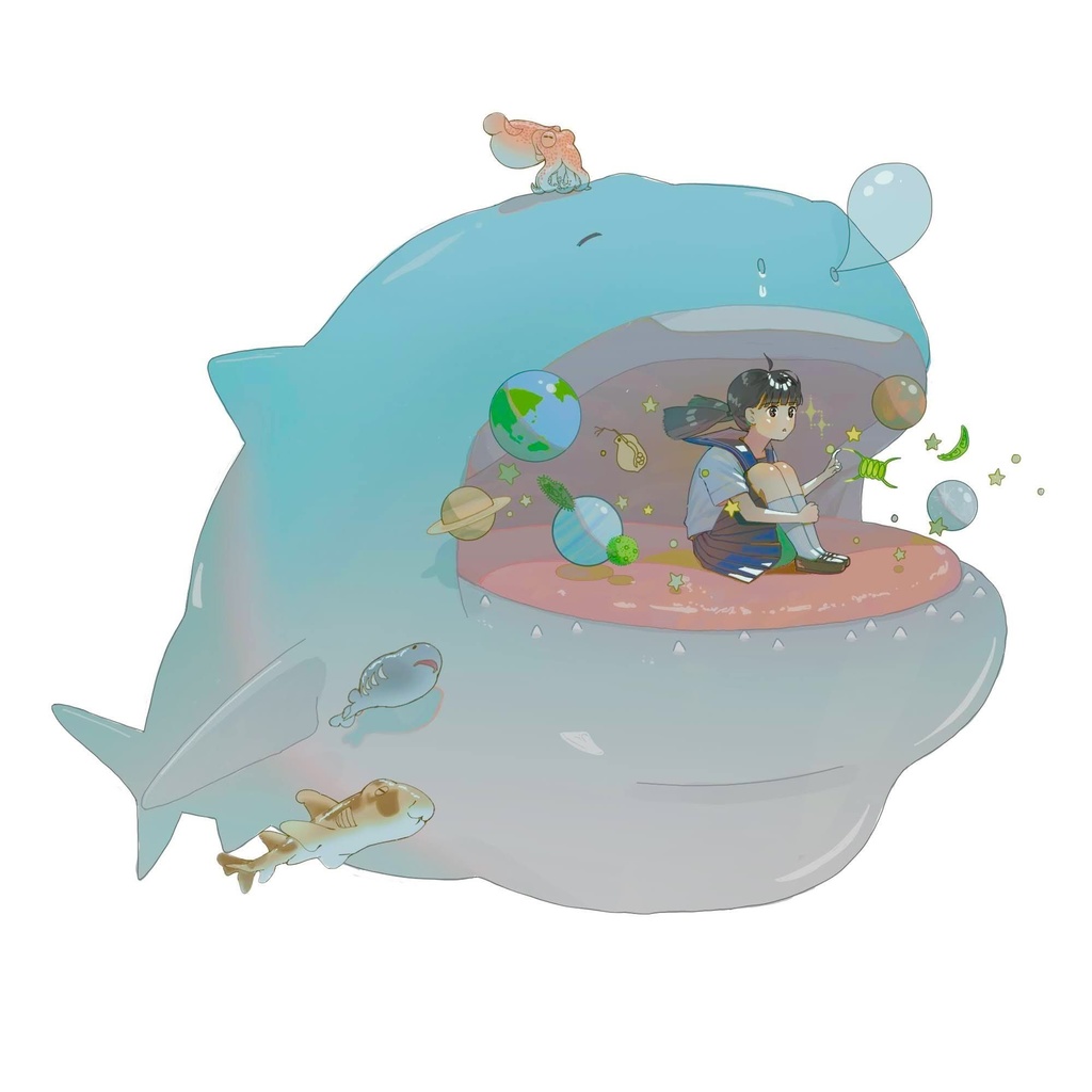 サメと女の子のシール