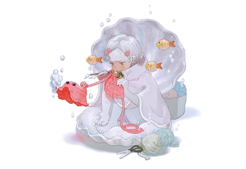 編み物と真珠の女の子のポストカード