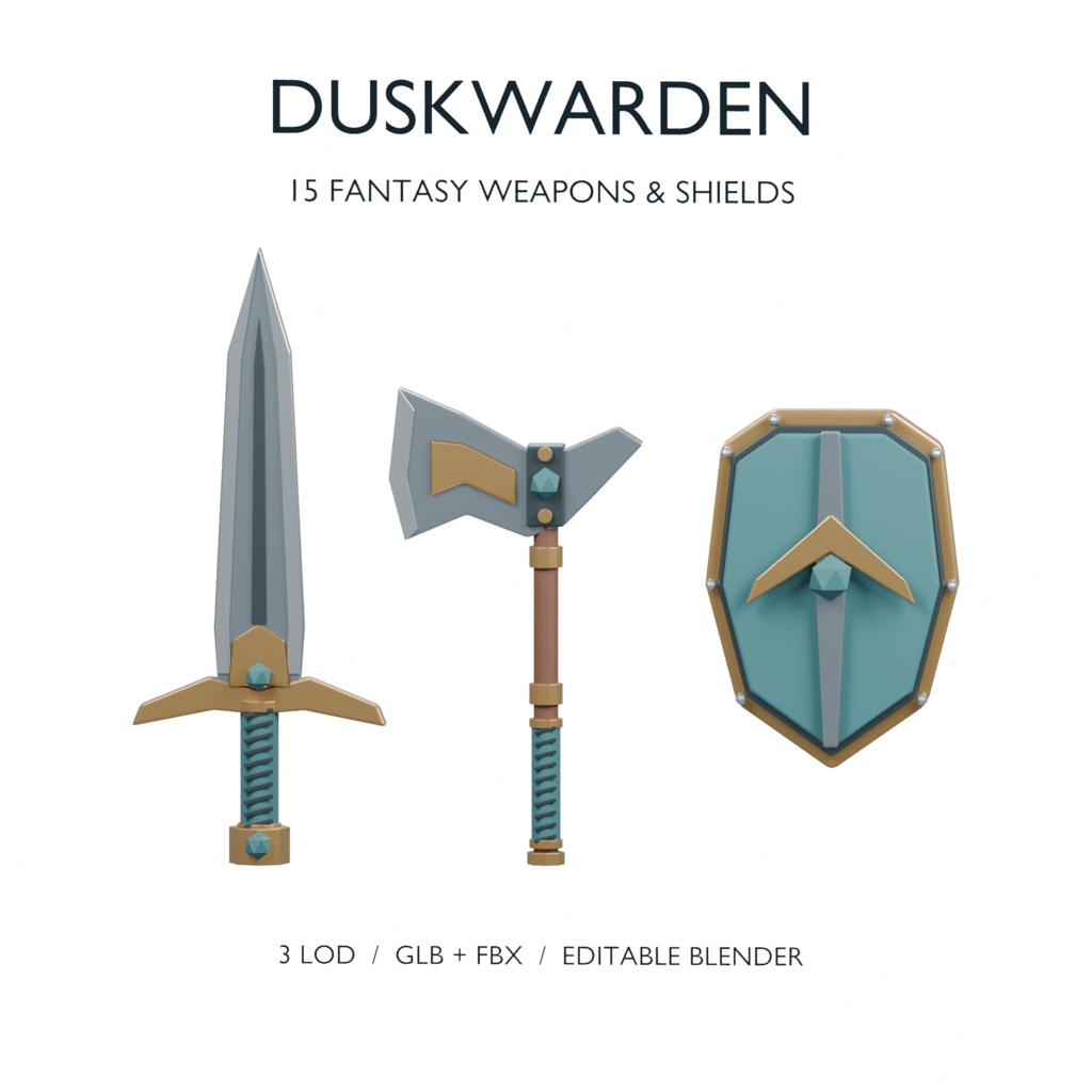 Duskwarden｜ファンタジー武器・盾15種｜3LOD｜GLB/FBX/Blender