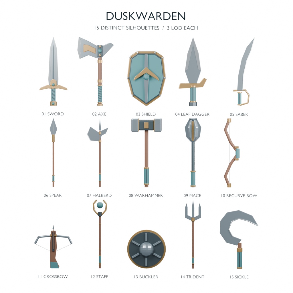Duskwarden|ファンタジー武器・盾15種|3LOD|GLB/FBX/Blender