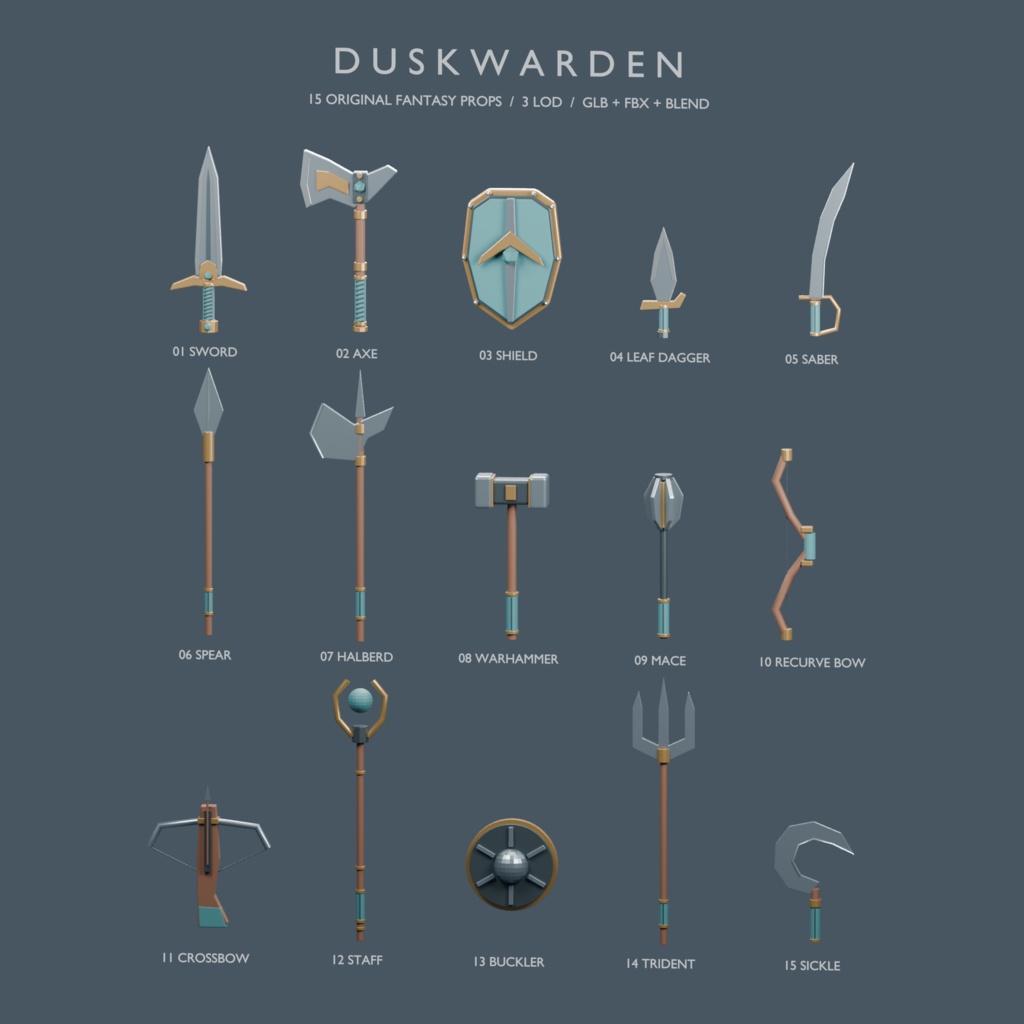 Duskwarden|ファンタジー武器・盾15種|3LOD|GLB/FBX/Blender