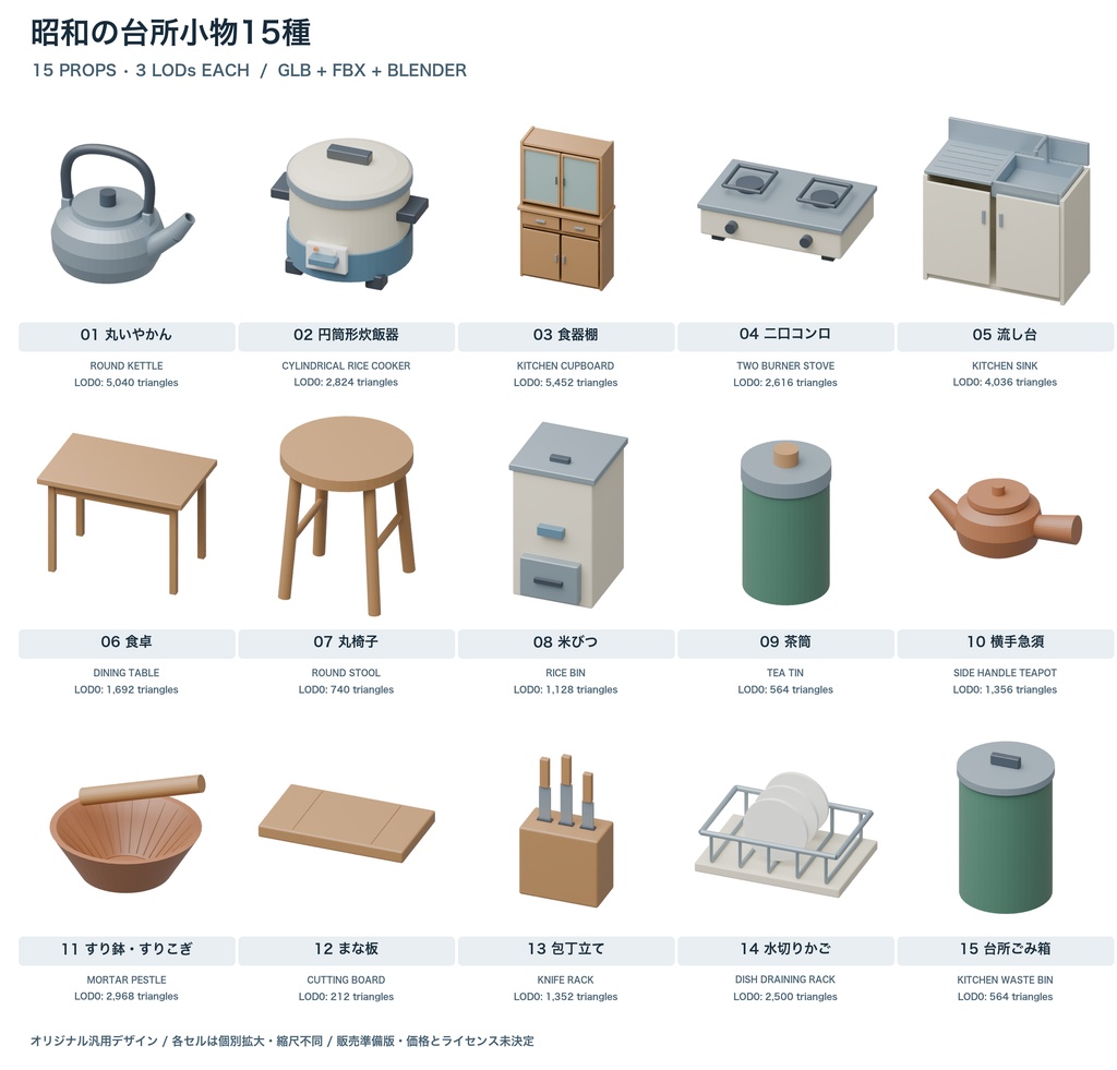 昭和台所小物15種｜3LOD｜GLB・FBX・Blender