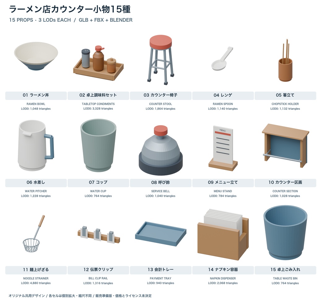 ラーメンカウンター小物15種|3LOD|GLB・FBX・Blender