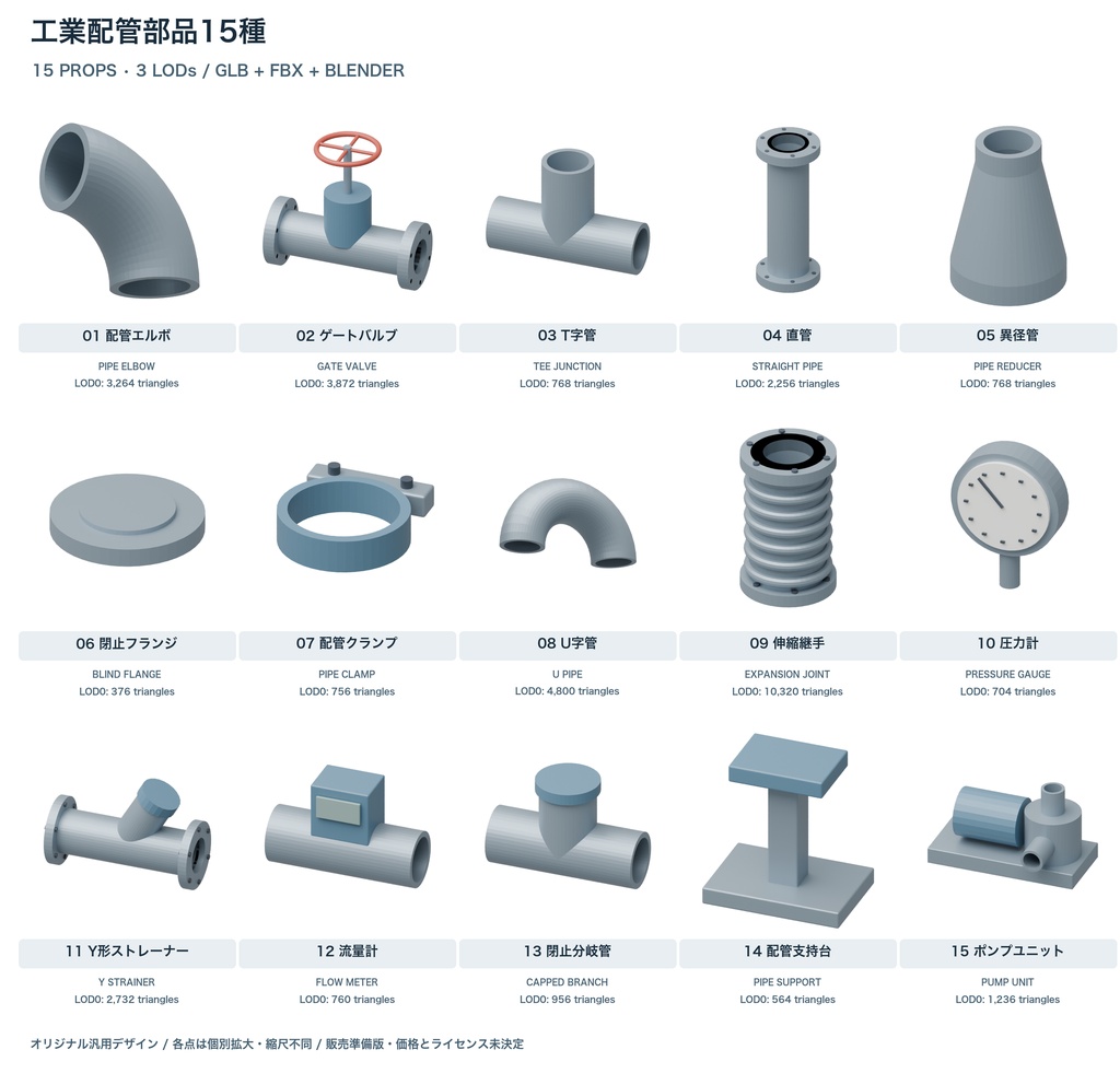 工業配管部品15種｜3LOD｜GLB・FBX・Blender