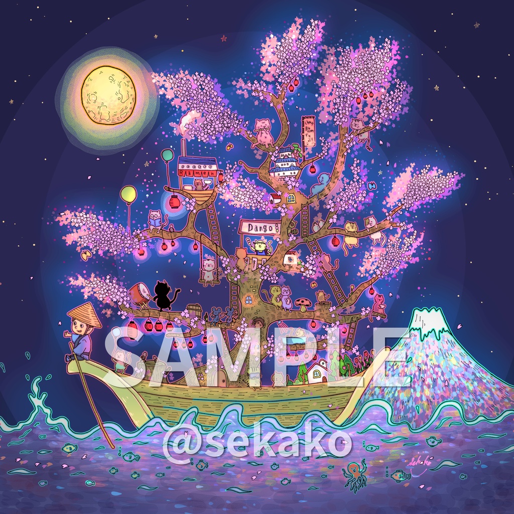 【DLイラスト】夜桜｜猫たちの桜の樹
