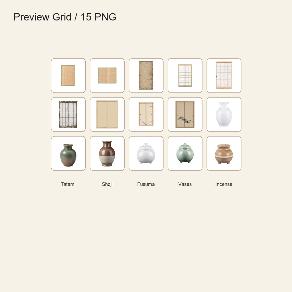 和風 和室小物ミニバンドル 5商品15PNGセット / Japanese Washitsu Room Props Mini Bundle - 15 PNG Set