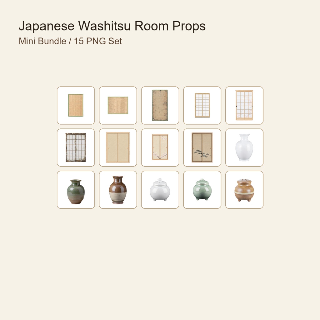 和風 和室小物ミニバンドル 5商品15PNGセット / Japanese Washitsu Room Props Mini Bundle - 15 PNG Set