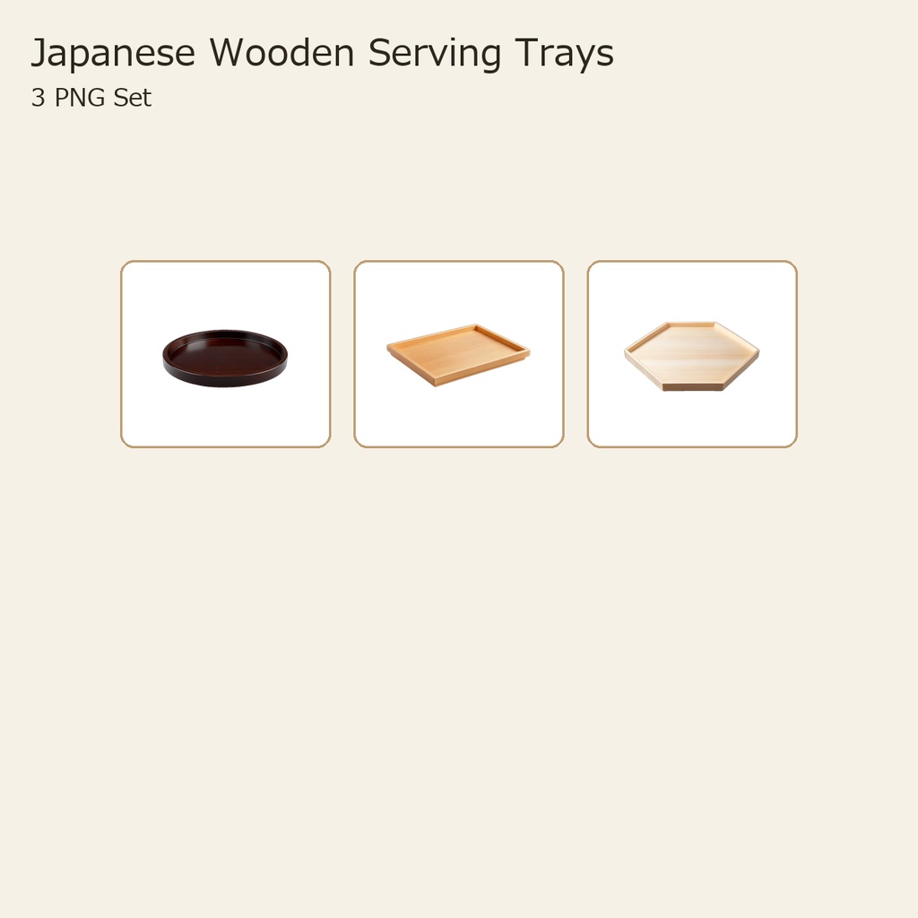 和風 木製盆 3PNGセット / Japanese Wooden Serving Trays - 3 PNG Set