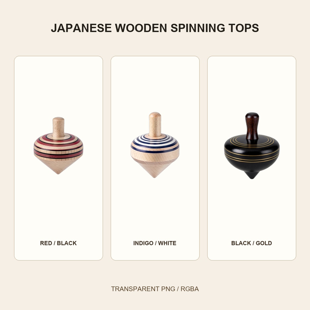 和風 木製こま 3PNGセット / Japanese Wooden Spinning Tops - 3 PNG Set