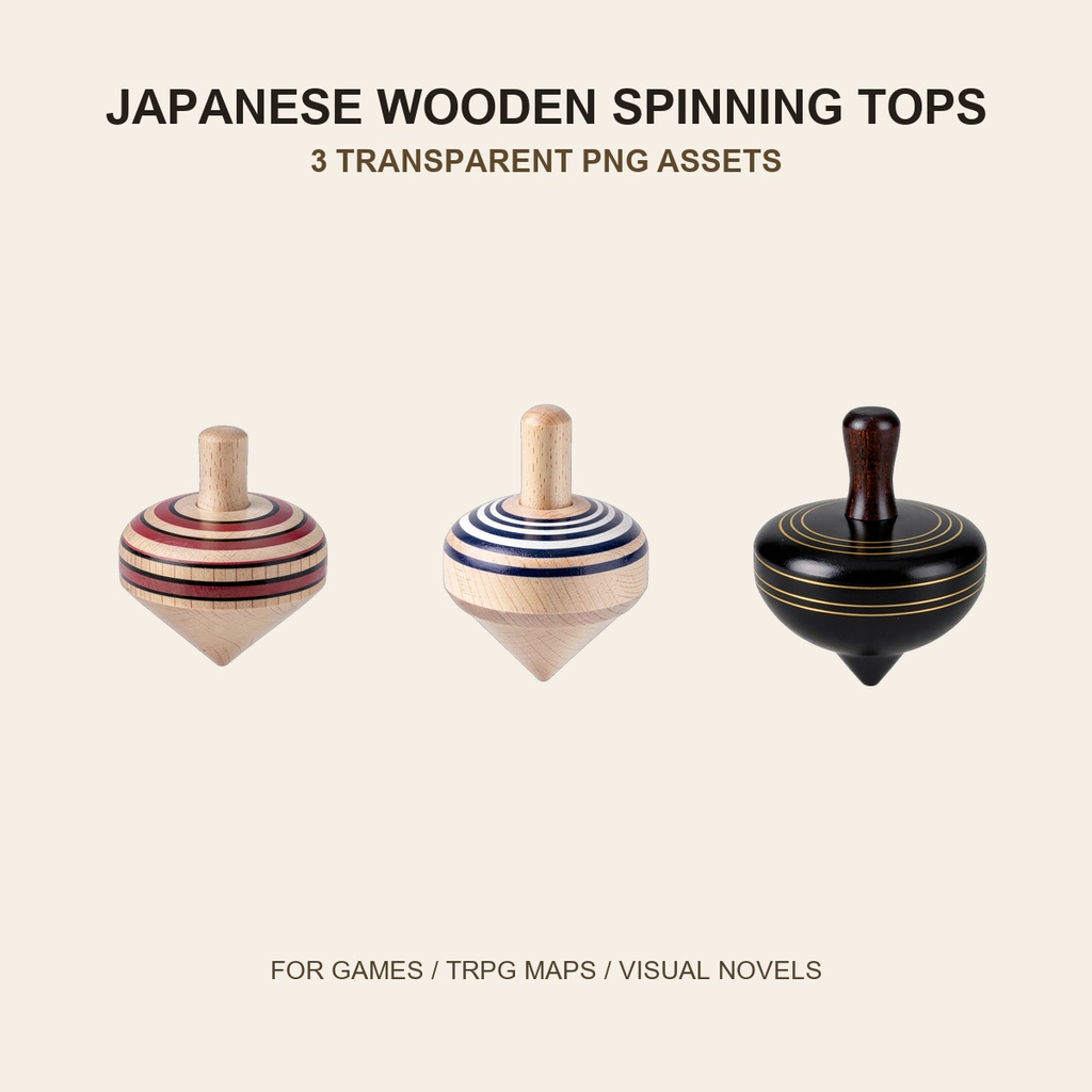 和風 木製こま 3PNGセット / Japanese Wooden Spinning Tops - 3 PNG Set