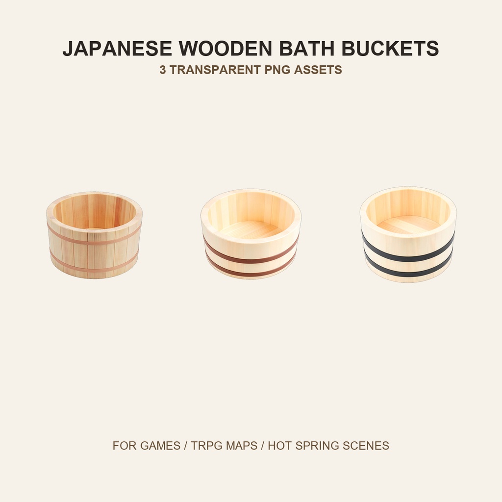 和風 木製湯桶 3PNGセット / Japanese Wooden Bath Buckets - 3 PNG Set