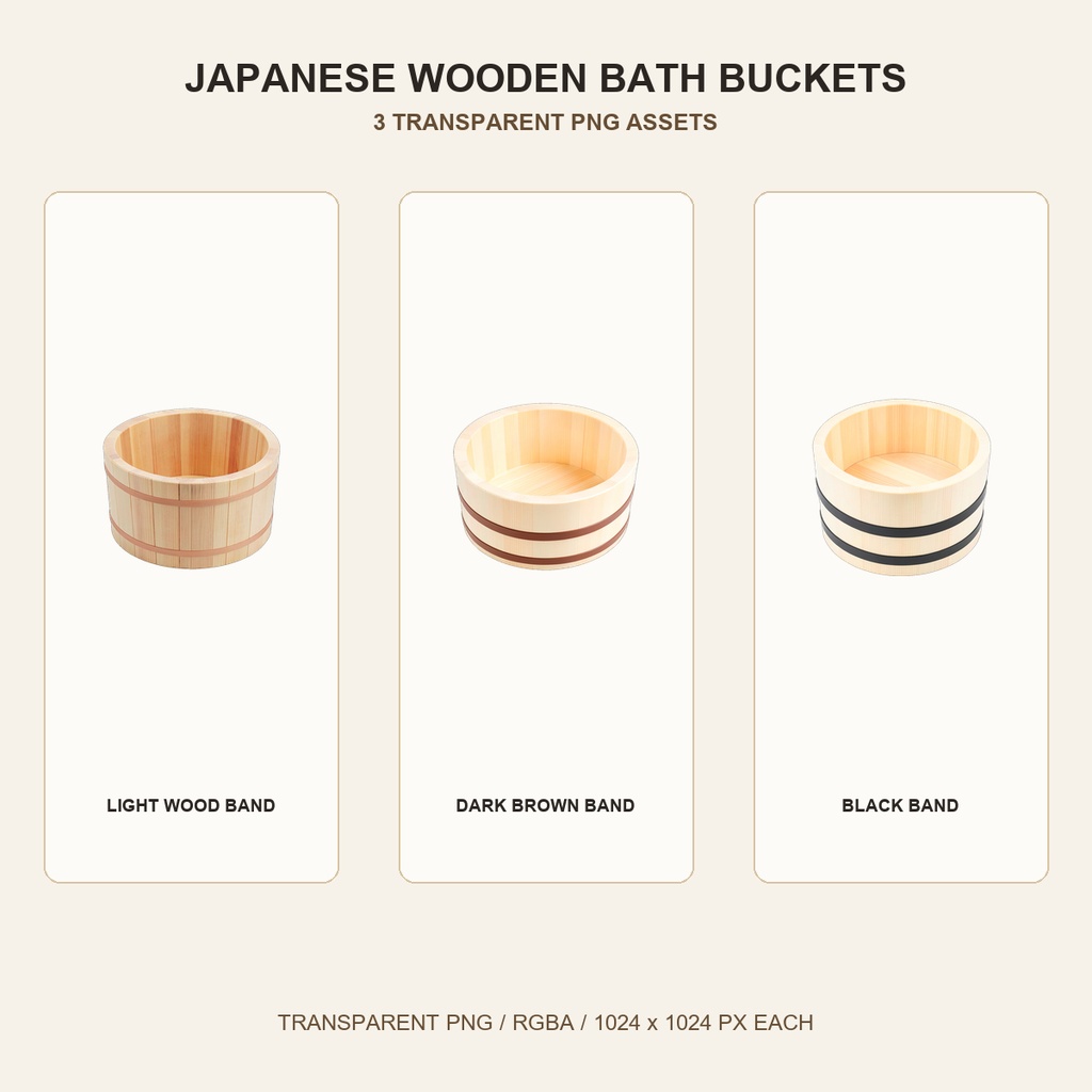 和風 木製湯桶 3PNGセット / Japanese Wooden Bath Buckets - 3 PNG Set