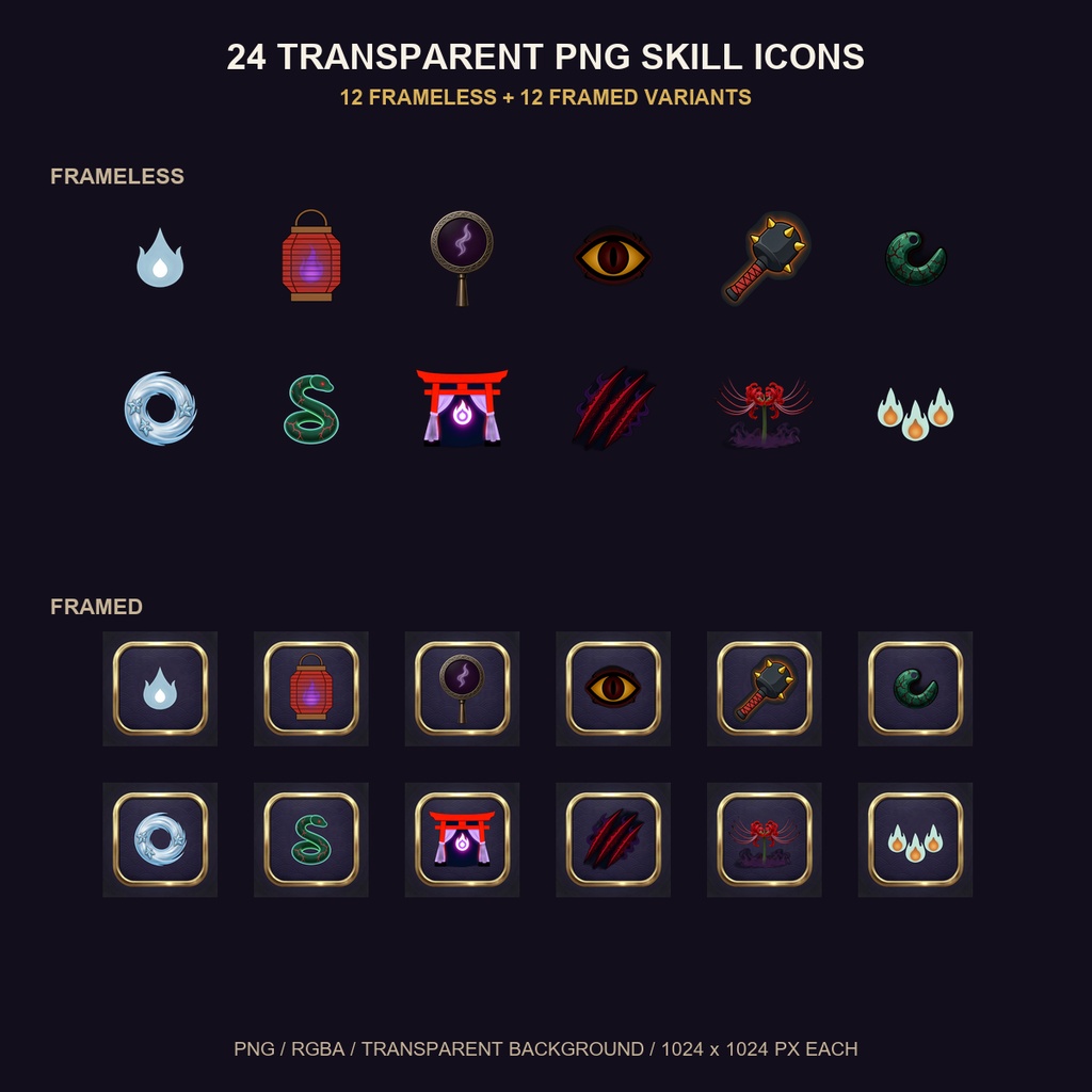 和風 怪異・呪術スキルアイコン Vol.3 24PNGセット / Japanese Yokai & Curse Skill Icons Vol.3 - 24 PNG Set