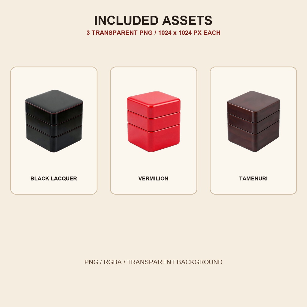 和風 漆塗り重箱 3PNGセット / Japanese Lacquer Jubako Boxes - 3 PNG Set