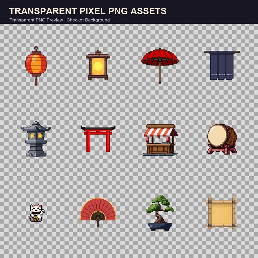 和風 ピクセル情景小物 12PNGセット / Japanese Pixel Scene Props - 12 PNG Set