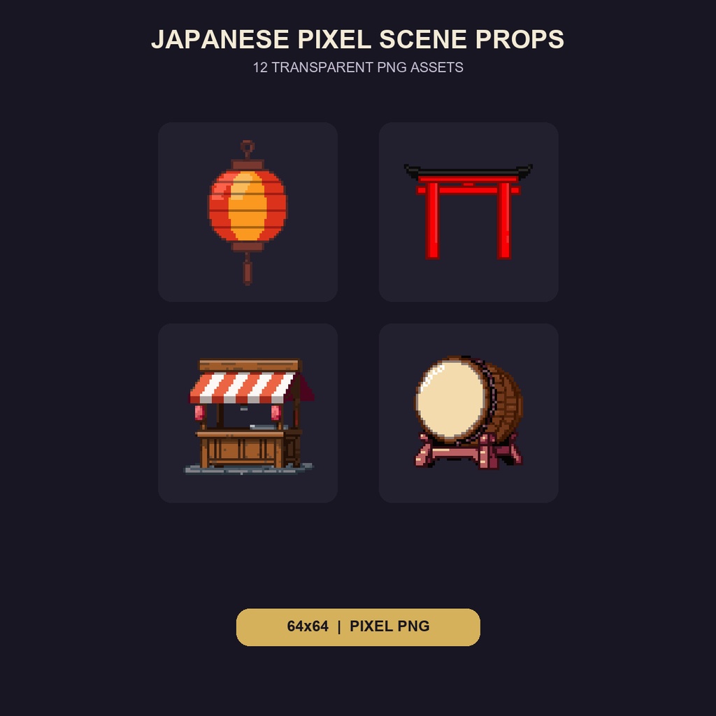 和風 ピクセル情景小物 12PNGセット / Japanese Pixel Scene Props - 12 PNG Set
