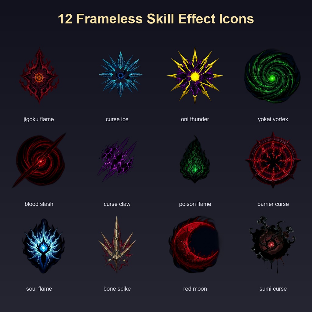 和風 怪異・呪術スキルエフェクトアイコン 12PNGセット / Yokai & Curse Skill Effect Icons - 12 PNG Set