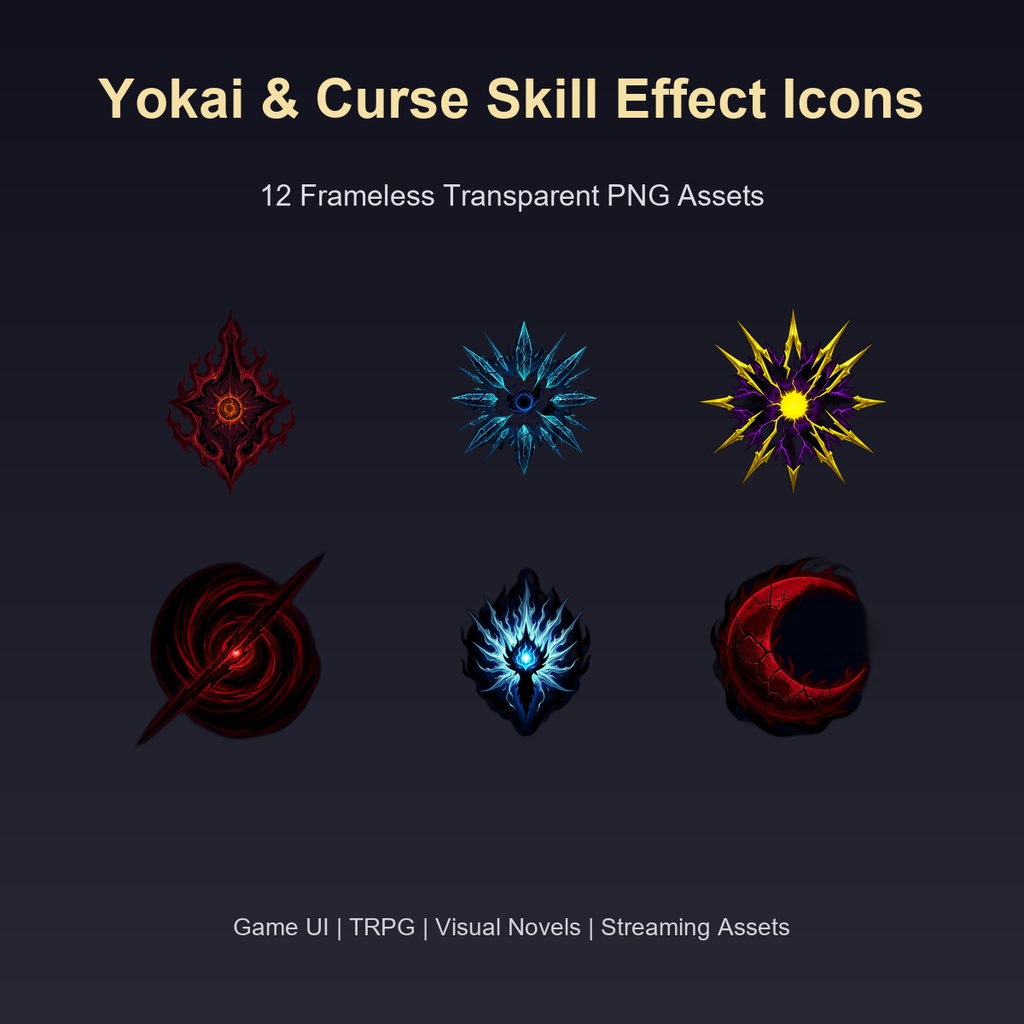和風 怪異・呪術スキルエフェクトアイコン 12PNGセット / Yokai & Curse Skill Effect Icons - 12 PNG Set