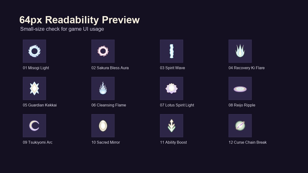 和風 浄化・霊気・支援スキルエフェクトアイコン 12PNGセット / Japanese Purification & Spirit Support Skill Effect Icons - 12 PNG Set
