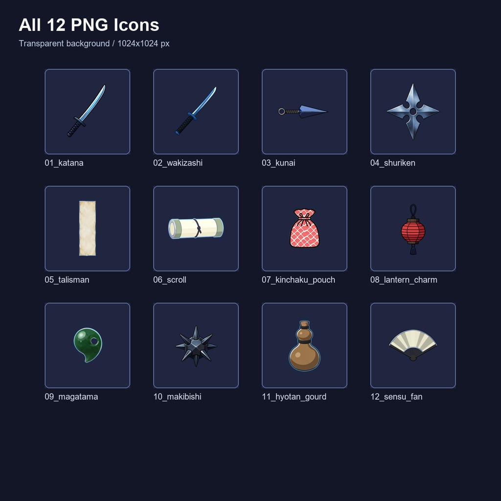 和風RPG 武器・道具アイコン 12PNGセット / Japanese RPG Weapon & Item Icons - 12 PNG Set