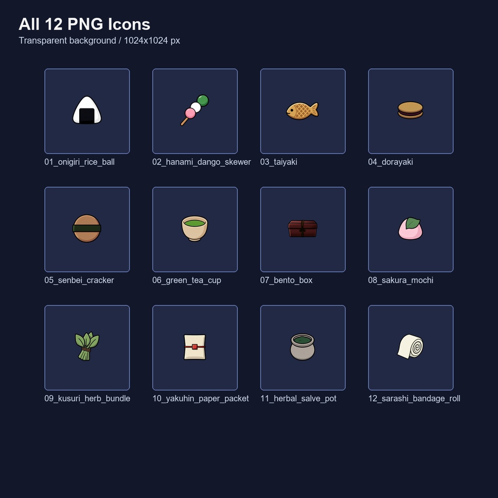 和風RPG 食べ物・消耗品アイコン 12PNGセット / Japanese RPG Food & Consumable Item Icons - 12 PNG Set