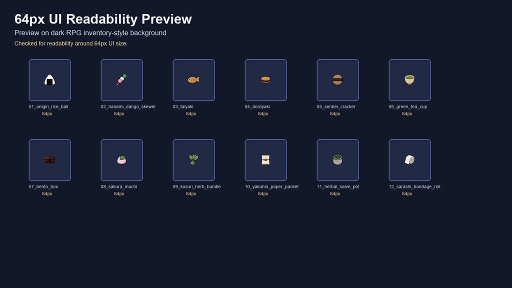 和風RPG 食べ物・消耗品アイコン 12PNGセット / Japanese RPG Food & Consumable Item Icons - 12 PNG Set