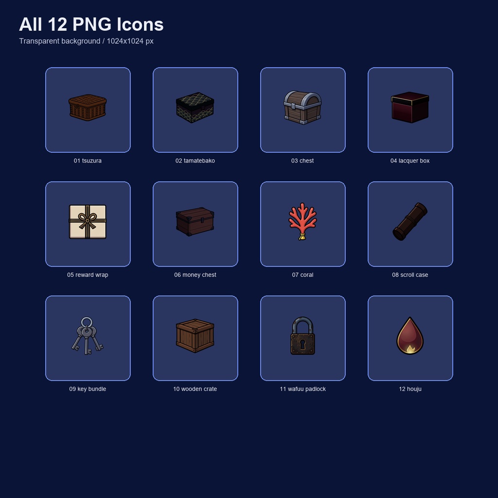 和風RPG 宝箱・収納・報酬アイコン 12PNGセット / Japanese RPG Treasure, Storage & Reward Icons - 12 PNG Set