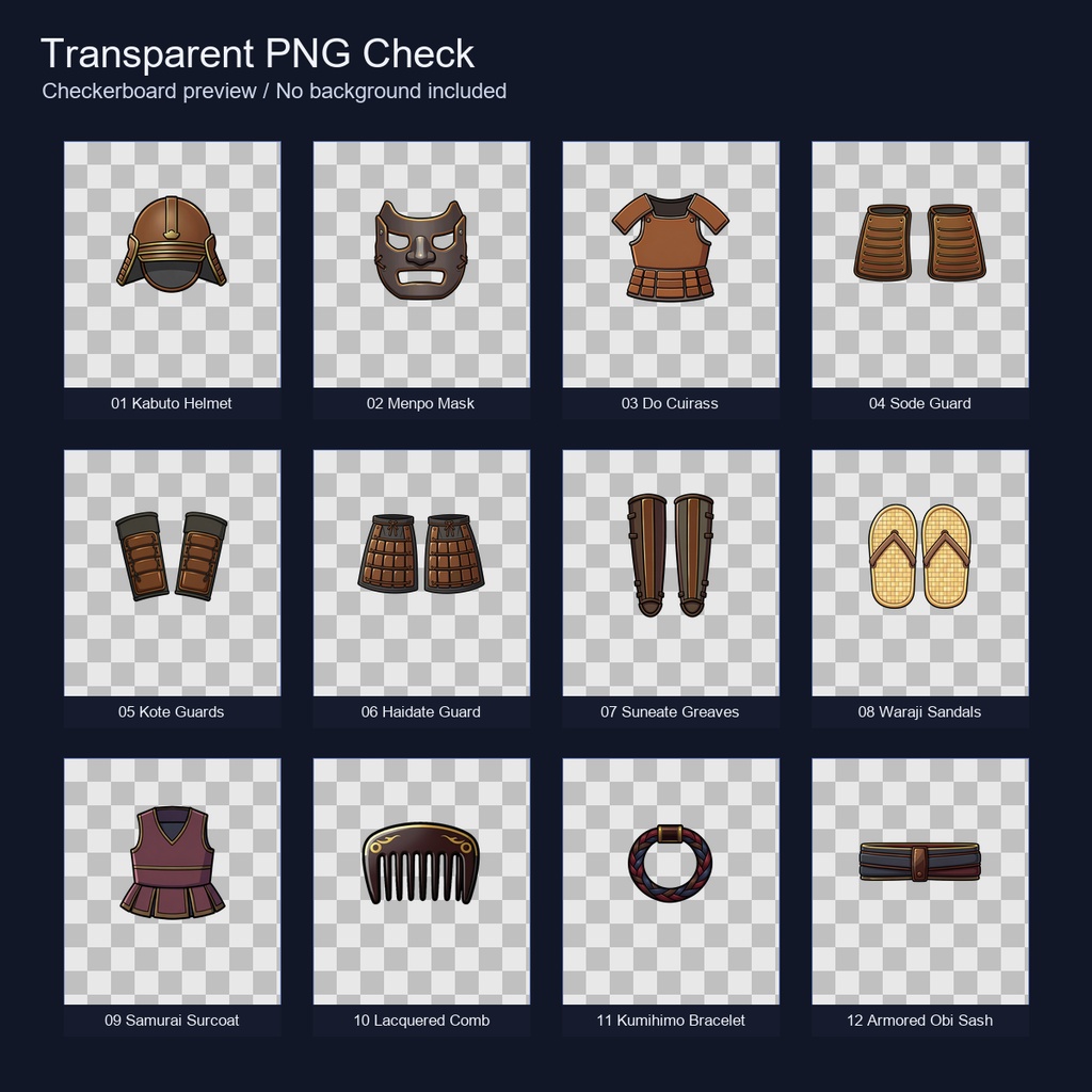 和風RPG 防具・装身具アイコン 12PNGセット / Japanese RPG Armor & Accessory Icons - 12 Transparent PNG Set