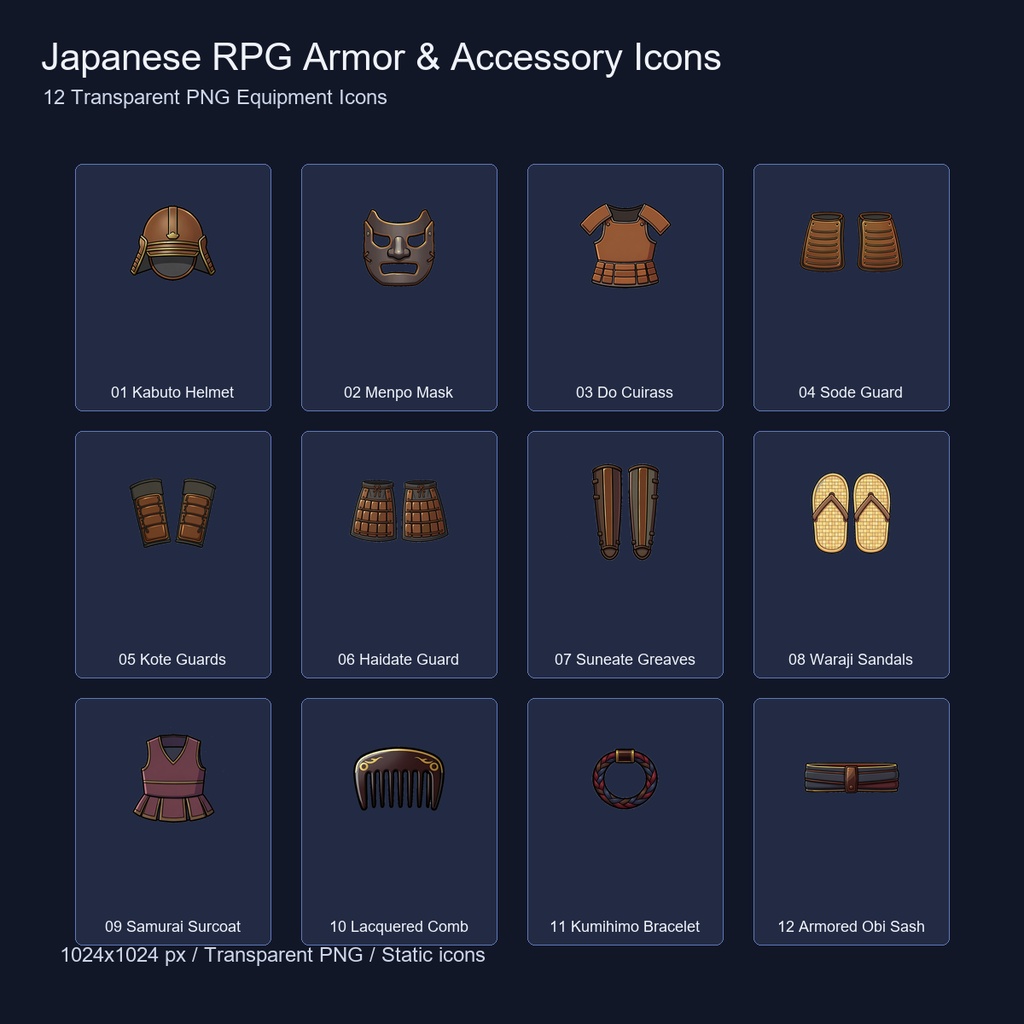 和風RPG 防具・装身具アイコン 12PNGセット / Japanese RPG Armor & Accessory Icons - 12 Transparent PNG Set
