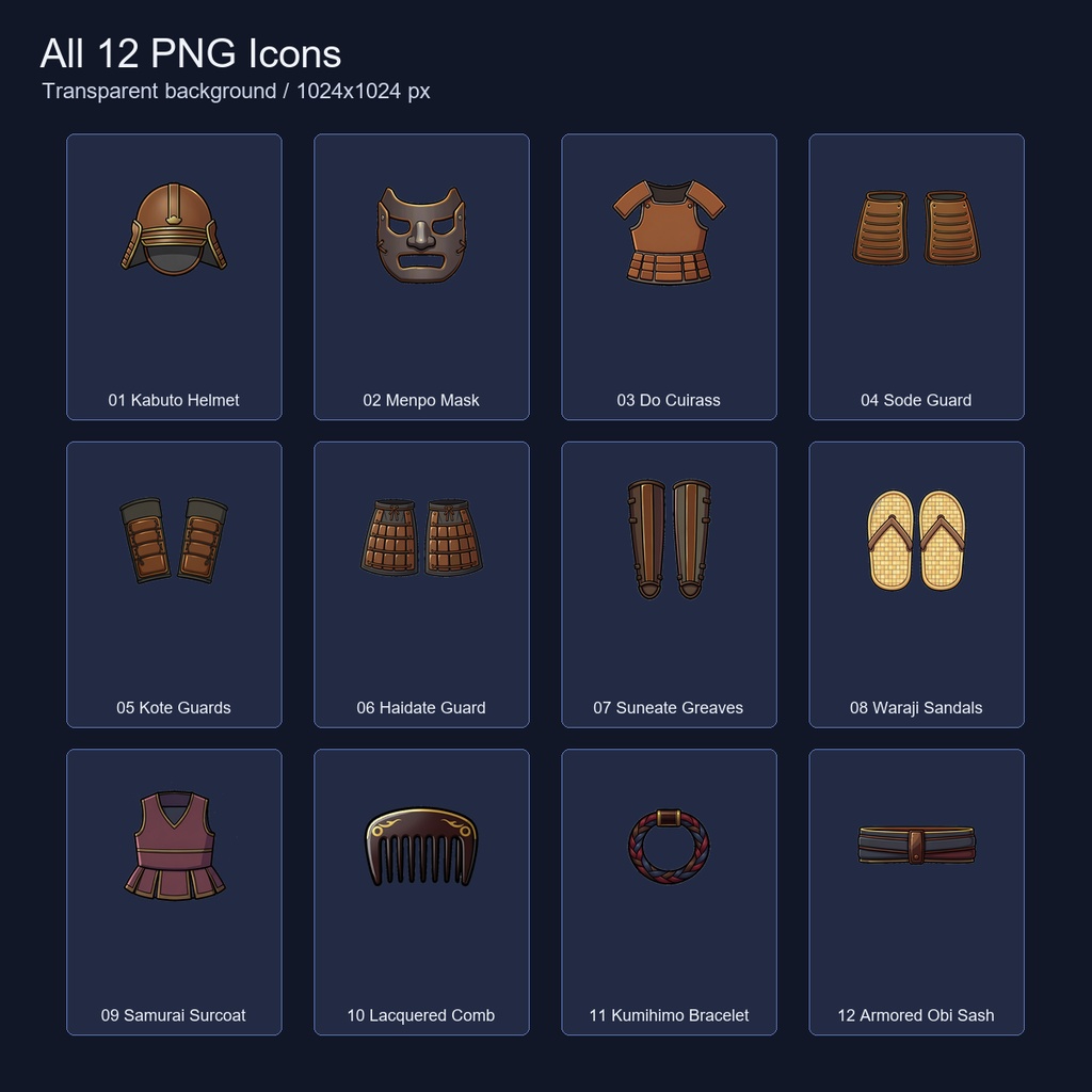 和風RPG 防具・装身具アイコン 12PNGセット / Japanese RPG Armor & Accessory Icons - 12 Transparent PNG Set