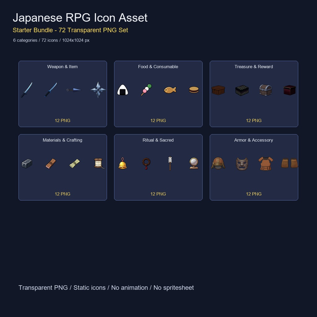 和風RPG アイコン素材スターターバンドル 72PNGセット / Japanese RPG Icon Asset Starter Bundle - 72 Transparent PNG Set