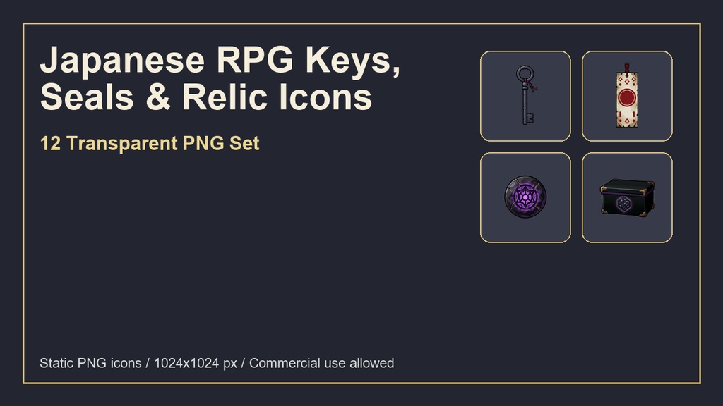 和風RPG 鍵・封印・遺物アイコン 12PNGセット / Japanese RPG Keys, Seals & Relic Icons - 12 Transparent PNG Set