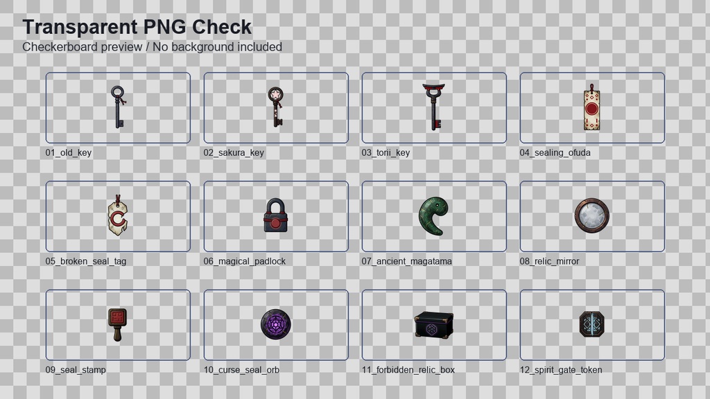 和風RPG 鍵・封印・遺物アイコン 12PNGセット / Japanese RPG Keys, Seals & Relic Icons - 12 Transparent PNG Set