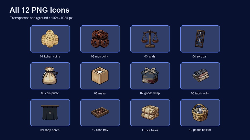和風RPG 店・交易・通貨アイコン 12PNGセット / Japanese RPG Shop, Trade & Currency Icons