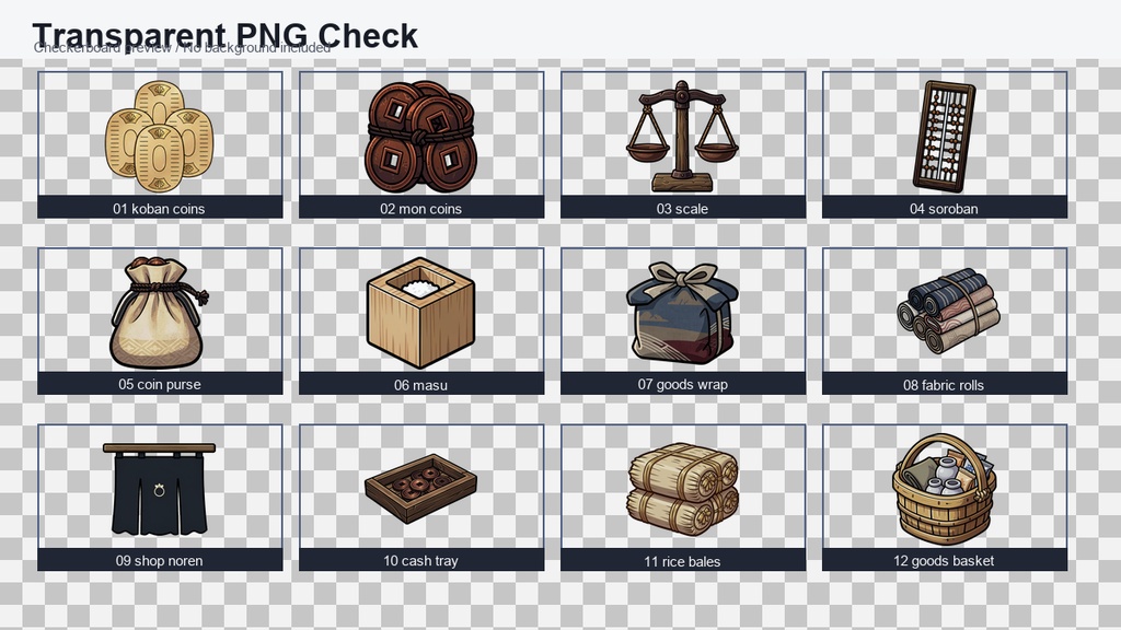 和風RPG 店・交易・通貨アイコン 12PNGセット / Japanese RPG Shop, Trade & Currency Icons