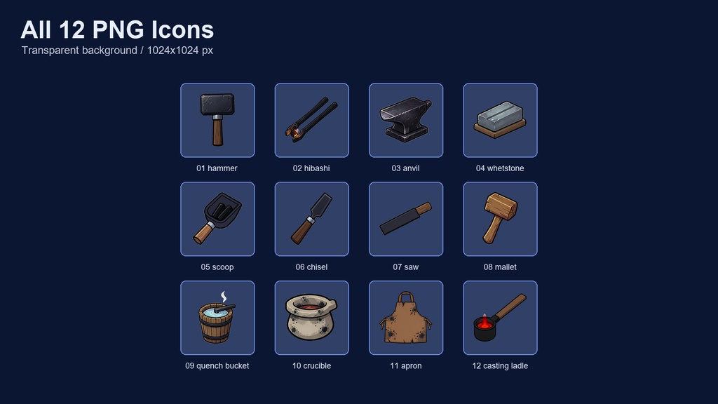 和風RPG 鍛冶・工具・工房アイコン 12PNGセット / Japanese RPG Blacksmith Tools & Workshop Icons