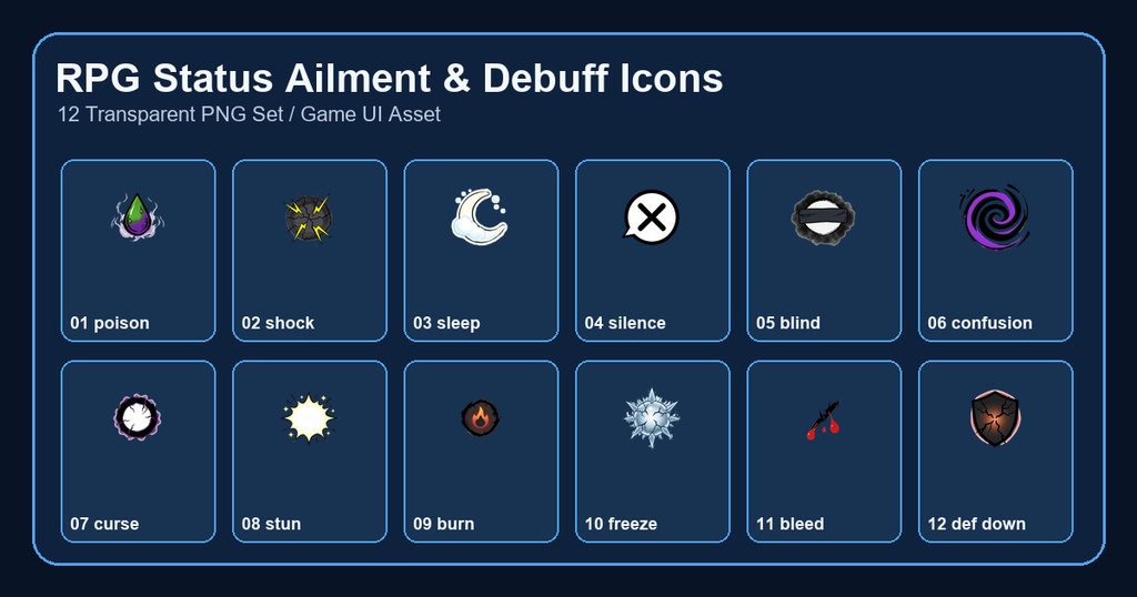 和風RPG 状態異常・デバフアイコン 12PNGセット / Japanese RPG Status Ailment & Debuff Icons