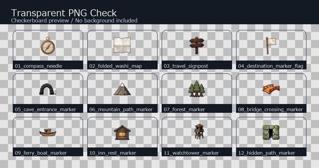 和風RPG 探索・移動・マップアイコン 12PNGセット / Japanese RPG Exploration, Travel & Map Icons